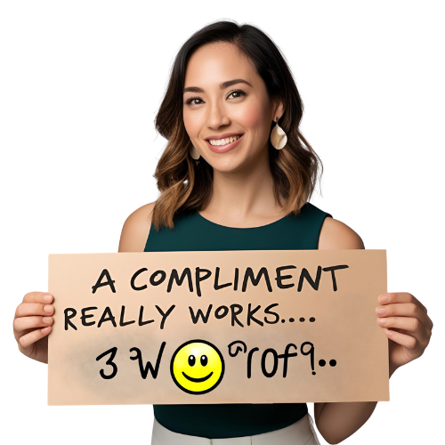 Een lachende vrouw houdt een bord vast met de tekst 'A compliment really works...', wat de kracht van waardering en positiviteit benadrukt.